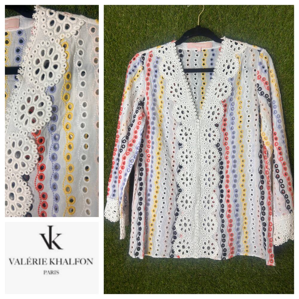 Valerie Khalfon Multicolor Eyelet‎ Lace Tunic V-Neckline Blouse 3/4 Sleeve Sz 40